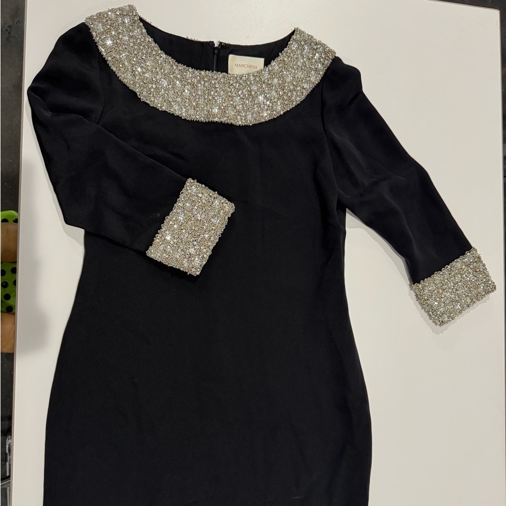 Marchesa Black Sheath Dress with Silver Bib Collar